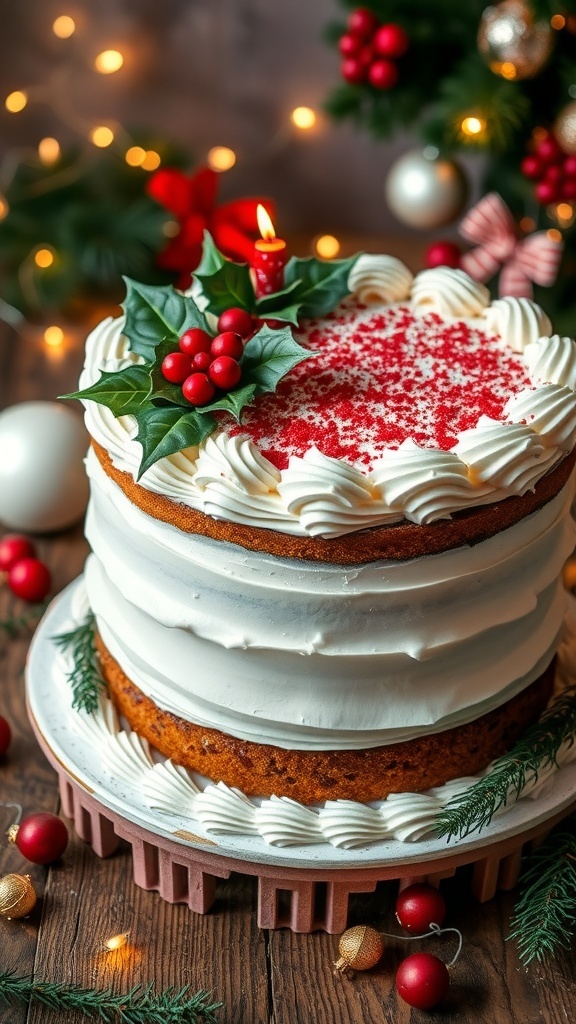 A festive Christmas cake decorated with holly and berries, surrounded by holiday decorations.